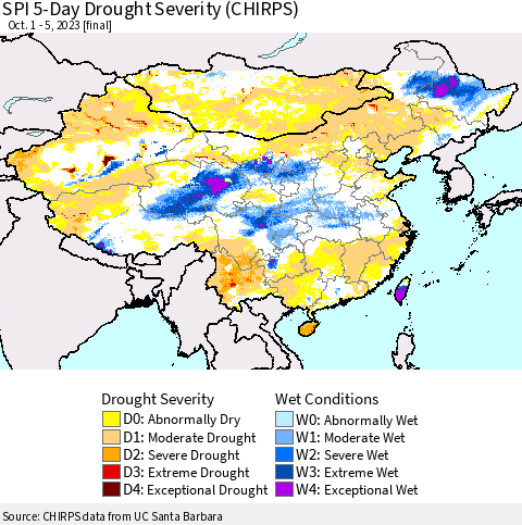 China, Mongolia and Taiwan SPI 5-Day Drought Severity (CHIRPS) Thematic Map For 10/1/2023 - 10/5/2023