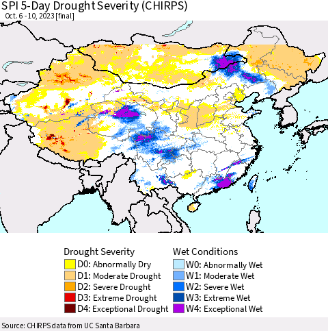 China, Mongolia and Taiwan SPI 5-Day Drought Severity (CHIRPS) Thematic Map For 10/6/2023 - 10/10/2023