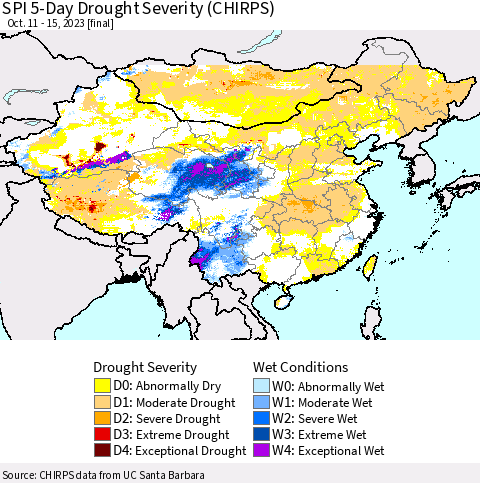 China, Mongolia and Taiwan SPI 5-Day Drought Severity (CHIRPS) Thematic Map For 10/11/2023 - 10/15/2023
