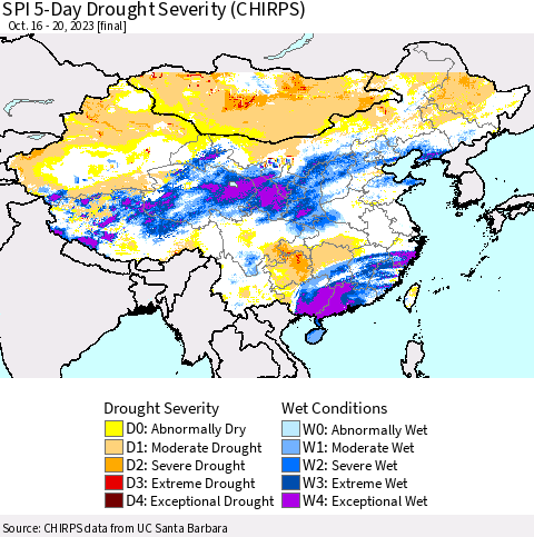 China, Mongolia and Taiwan SPI 5-Day Drought Severity (CHIRPS) Thematic Map For 10/16/2023 - 10/20/2023