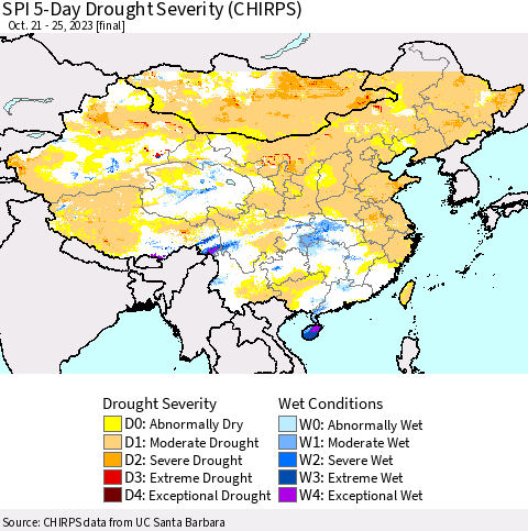 China, Mongolia and Taiwan SPI 5-Day Drought Severity (CHIRPS) Thematic Map For 10/21/2023 - 10/25/2023