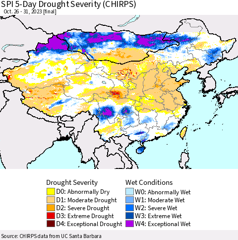 China, Mongolia and Taiwan SPI 5-Day Drought Severity (CHIRPS) Thematic Map For 10/26/2023 - 10/31/2023