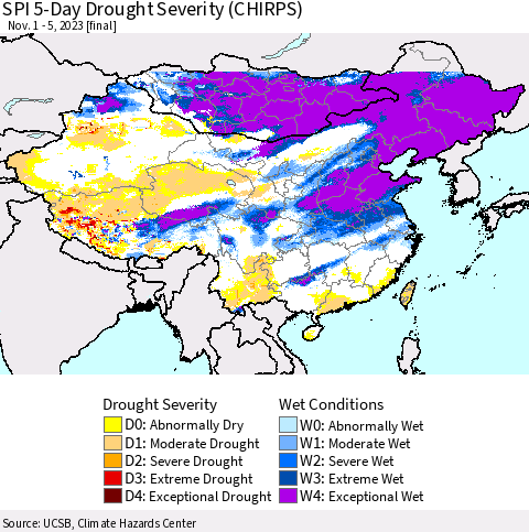 China, Mongolia and Taiwan SPI 5-Day Drought Severity (CHIRPS) Thematic Map For 11/1/2023 - 11/5/2023