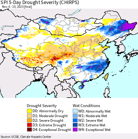 China, Mongolia and Taiwan SPI 5-Day Drought Severity (CHIRPS) Thematic Map For 11/6/2023 - 11/10/2023