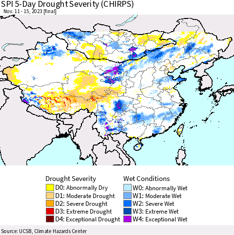 China, Mongolia and Taiwan SPI 5-Day Drought Severity (CHIRPS) Thematic Map For 11/11/2023 - 11/15/2023