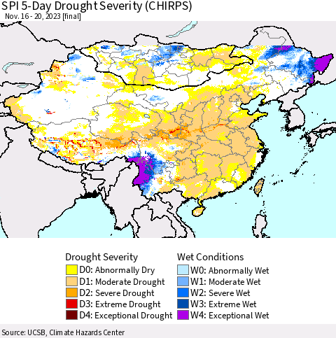 China, Mongolia and Taiwan SPI 5-Day Drought Severity (CHIRPS) Thematic Map For 11/16/2023 - 11/20/2023
