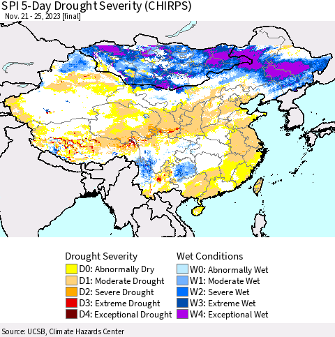 China, Mongolia and Taiwan SPI 5-Day Drought Severity (CHIRPS) Thematic Map For 11/21/2023 - 11/25/2023