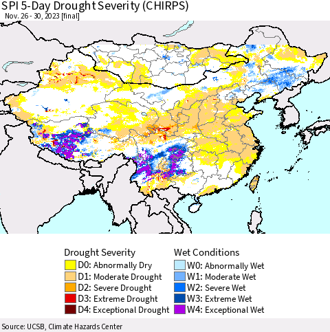 China, Mongolia and Taiwan SPI 5-Day Drought Severity (CHIRPS) Thematic Map For 11/26/2023 - 11/30/2023