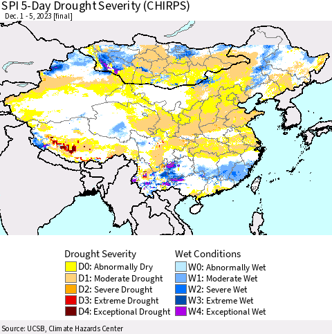 China, Mongolia and Taiwan SPI 5-Day Drought Severity (CHIRPS) Thematic Map For 12/1/2023 - 12/5/2023