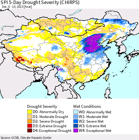 China, Mongolia and Taiwan SPI 5-Day Drought Severity (CHIRPS) Thematic Map For 12/6/2023 - 12/10/2023