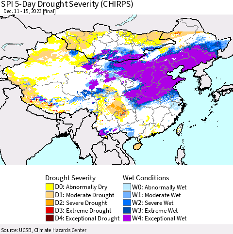 China, Mongolia and Taiwan SPI 5-Day Drought Severity (CHIRPS) Thematic Map For 12/11/2023 - 12/15/2023
