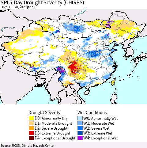 China, Mongolia and Taiwan SPI 5-Day Drought Severity (CHIRPS) Thematic Map For 12/16/2023 - 12/20/2023