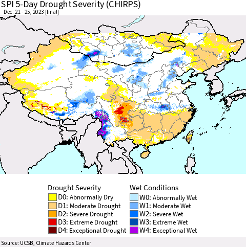 China, Mongolia and Taiwan SPI 5-Day Drought Severity (CHIRPS) Thematic Map For 12/21/2023 - 12/25/2023