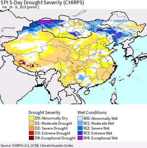 China, Mongolia and Taiwan SPI 5-Day Drought Severity (CHIRPS) Thematic Map For 12/26/2023 - 12/31/2023