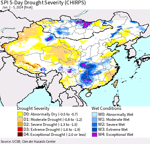 China, Mongolia and Taiwan SPI 5-Day Drought Severity (CHIRPS) Thematic Map For 1/1/2024 - 1/5/2024