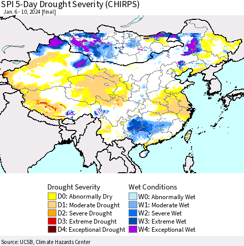 China, Mongolia and Taiwan SPI 5-Day Drought Severity (CHIRPS) Thematic Map For 1/6/2024 - 1/10/2024