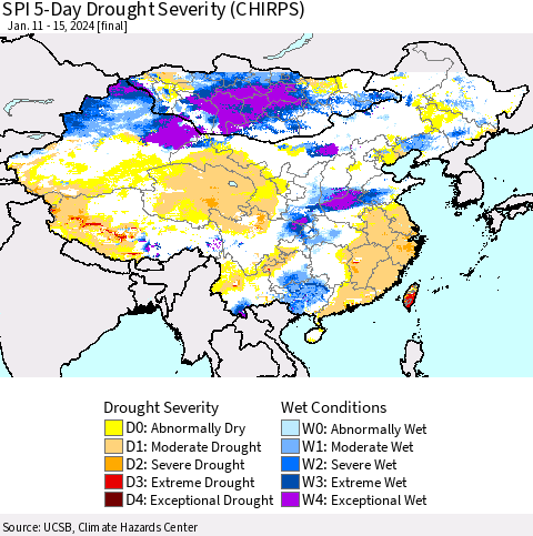 China, Mongolia and Taiwan SPI 5-Day Drought Severity (CHIRPS) Thematic Map For 1/11/2024 - 1/15/2024