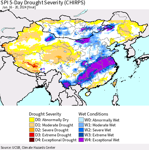 China, Mongolia and Taiwan SPI 5-Day Drought Severity (CHIRPS) Thematic Map For 1/16/2024 - 1/20/2024