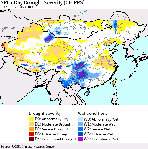 China, Mongolia and Taiwan SPI 5-Day Drought Severity (CHIRPS) Thematic Map For 1/21/2024 - 1/25/2024