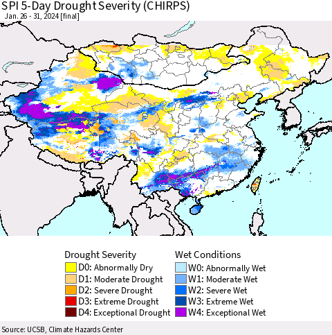 China, Mongolia and Taiwan SPI 5-Day Drought Severity (CHIRPS) Thematic Map For 1/26/2024 - 1/31/2024