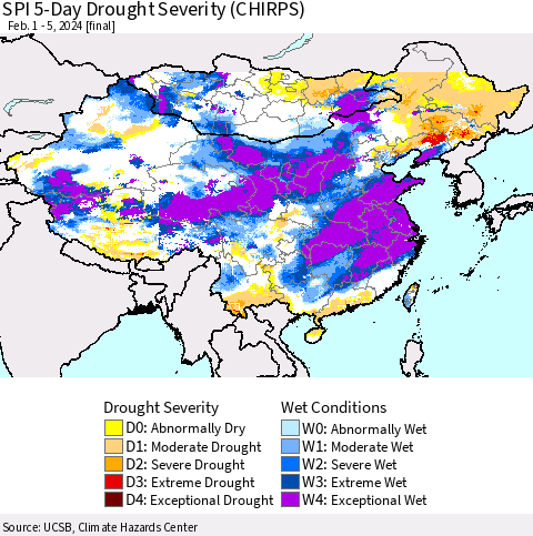 China, Mongolia and Taiwan SPI 5-Day Drought Severity (CHIRPS) Thematic Map For 2/1/2024 - 2/5/2024