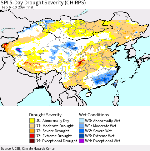 China, Mongolia and Taiwan SPI 5-Day Drought Severity (CHIRPS) Thematic Map For 2/6/2024 - 2/10/2024