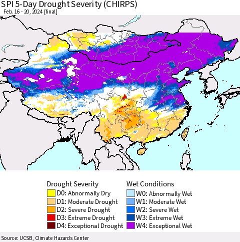 China, Mongolia and Taiwan SPI 5-Day Drought Severity (CHIRPS) Thematic Map For 2/16/2024 - 2/20/2024