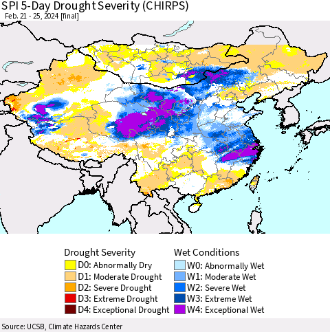 China, Mongolia and Taiwan SPI 5-Day Drought Severity (CHIRPS) Thematic Map For 2/21/2024 - 2/25/2024