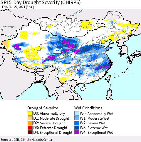 China, Mongolia and Taiwan SPI 5-Day Drought Severity (CHIRPS) Thematic Map For 2/26/2024 - 2/29/2024