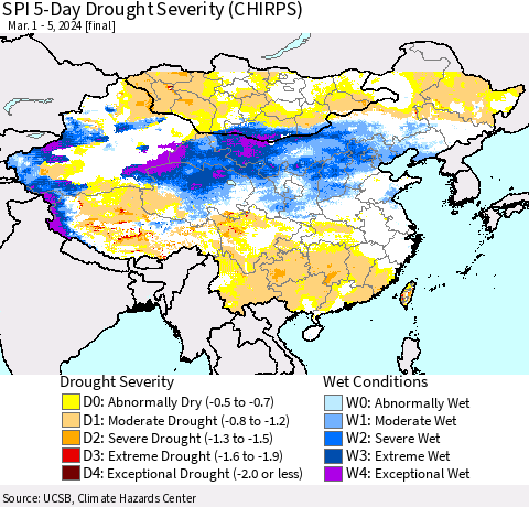 China, Mongolia and Taiwan SPI 5-Day Drought Severity (CHIRPS) Thematic Map For 3/1/2024 - 3/5/2024