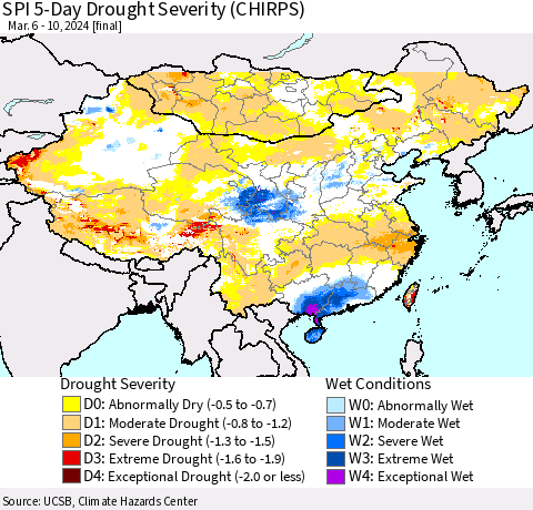 China, Mongolia and Taiwan SPI 5-Day Drought Severity (CHIRPS) Thematic Map For 3/6/2024 - 3/10/2024