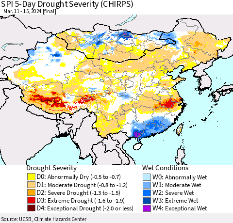 China, Mongolia and Taiwan SPI 5-Day Drought Severity (CHIRPS) Thematic Map For 3/11/2024 - 3/15/2024