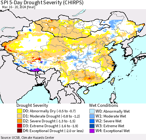 China, Mongolia and Taiwan SPI 5-Day Drought Severity (CHIRPS) Thematic Map For 3/16/2024 - 3/20/2024
