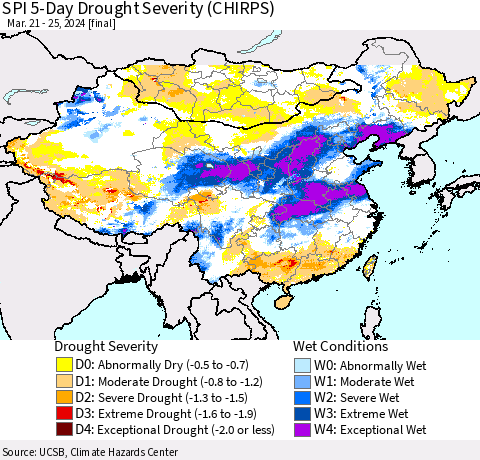 China, Mongolia and Taiwan SPI 5-Day Drought Severity (CHIRPS) Thematic Map For 3/21/2024 - 3/25/2024