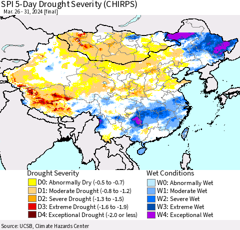 China, Mongolia and Taiwan SPI 5-Day Drought Severity (CHIRPS) Thematic Map For 3/26/2024 - 3/31/2024