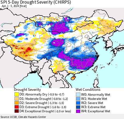 China, Mongolia and Taiwan SPI 5-Day Drought Severity (CHIRPS) Thematic Map For 4/1/2024 - 4/5/2024