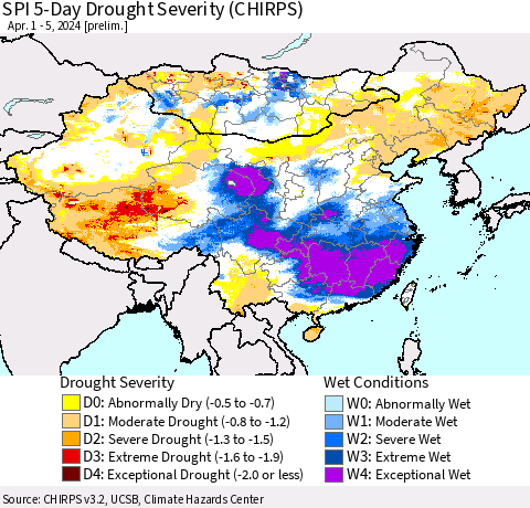 China, Mongolia and Taiwan SPI 5-Day Drought Severity (CHIRPS) Thematic Map For 4/1/2024 - 4/5/2024