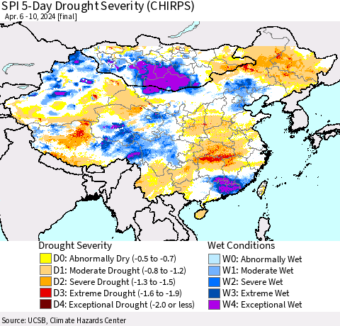 China, Mongolia and Taiwan SPI 5-Day Drought Severity (CHIRPS) Thematic Map For 4/6/2024 - 4/10/2024