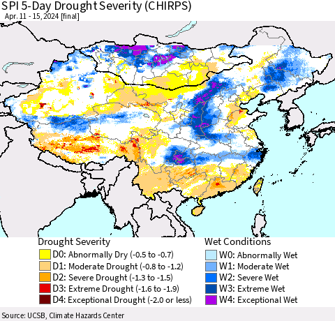 China, Mongolia and Taiwan SPI 5-Day Drought Severity (CHIRPS) Thematic Map For 4/11/2024 - 4/15/2024