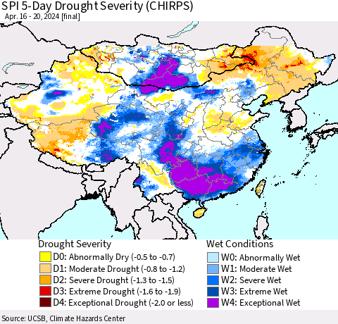 China, Mongolia and Taiwan SPI 5-Day Drought Severity (CHIRPS) Thematic Map For 4/16/2024 - 4/20/2024