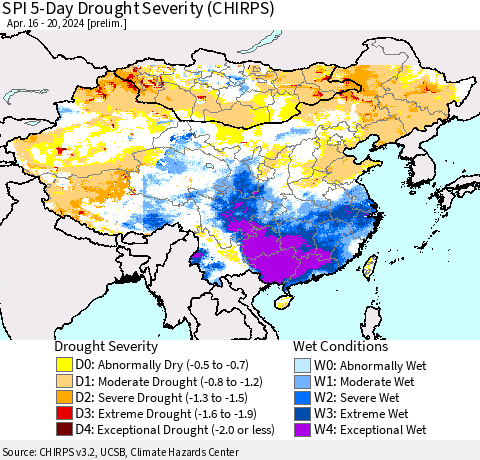 China, Mongolia and Taiwan SPI 5-Day Drought Severity (CHIRPS) Thematic Map For 4/16/2024 - 4/20/2024