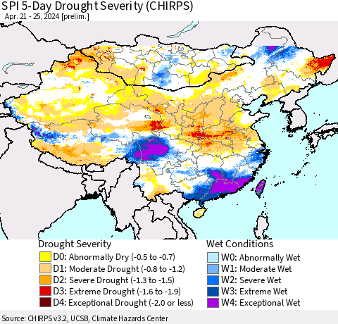 China, Mongolia and Taiwan SPI 5-Day Drought Severity (CHIRPS) Thematic Map For 4/21/2024 - 4/25/2024