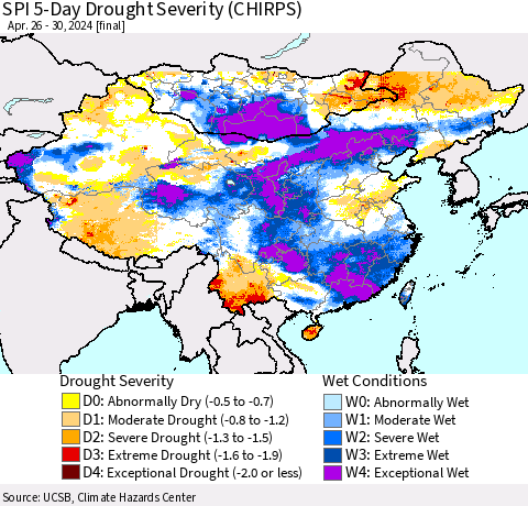 China, Mongolia and Taiwan SPI 5-Day Drought Severity (CHIRPS) Thematic Map For 4/26/2024 - 4/30/2024