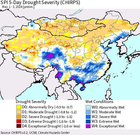 China, Mongolia and Taiwan SPI 5-Day Drought Severity (CHIRPS) Thematic Map For 5/1/2024 - 5/5/2024