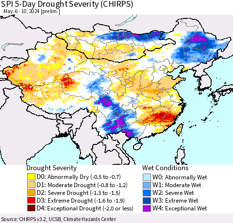 China, Mongolia and Taiwan SPI 5-Day Drought Severity (CHIRPS) Thematic Map For 5/6/2024 - 5/10/2024