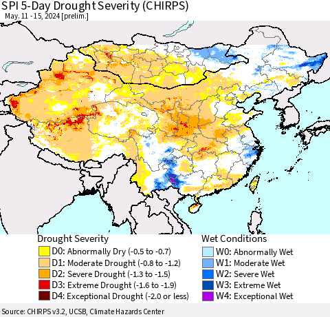 China, Mongolia and Taiwan SPI 5-Day Drought Severity (CHIRPS) Thematic Map For 5/11/2024 - 5/15/2024