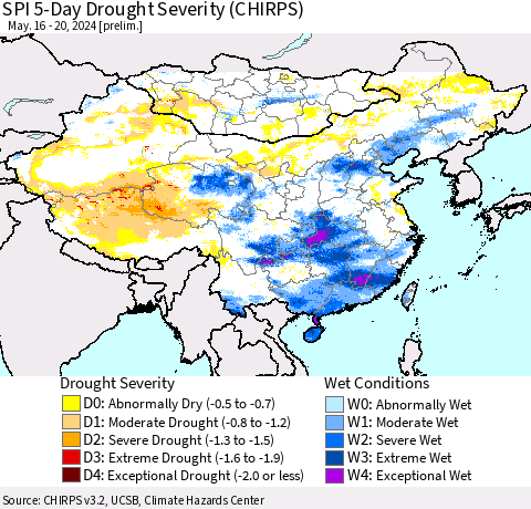 China, Mongolia and Taiwan SPI 5-Day Drought Severity (CHIRPS) Thematic Map For 5/16/2024 - 5/20/2024