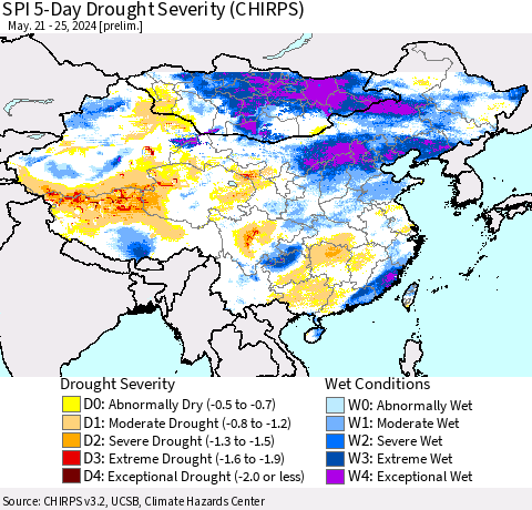 China, Mongolia and Taiwan SPI 5-Day Drought Severity (CHIRPS) Thematic Map For 5/21/2024 - 5/25/2024