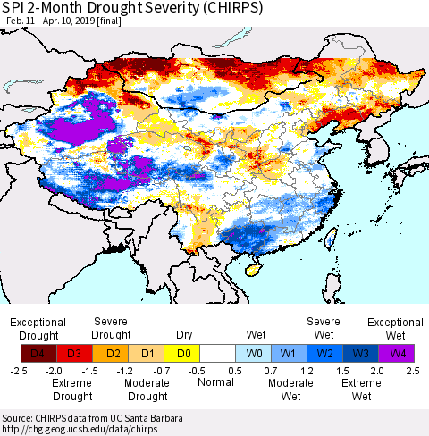 China and Taiwan SPI 2-Month Drought Severity (CHIRPS) Thematic Map For 2/11/2019 - 4/10/2019