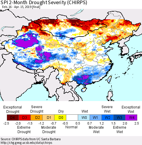 China and Taiwan SPI 2-Month Drought Severity (CHIRPS) Thematic Map For 2/16/2019 - 4/15/2019